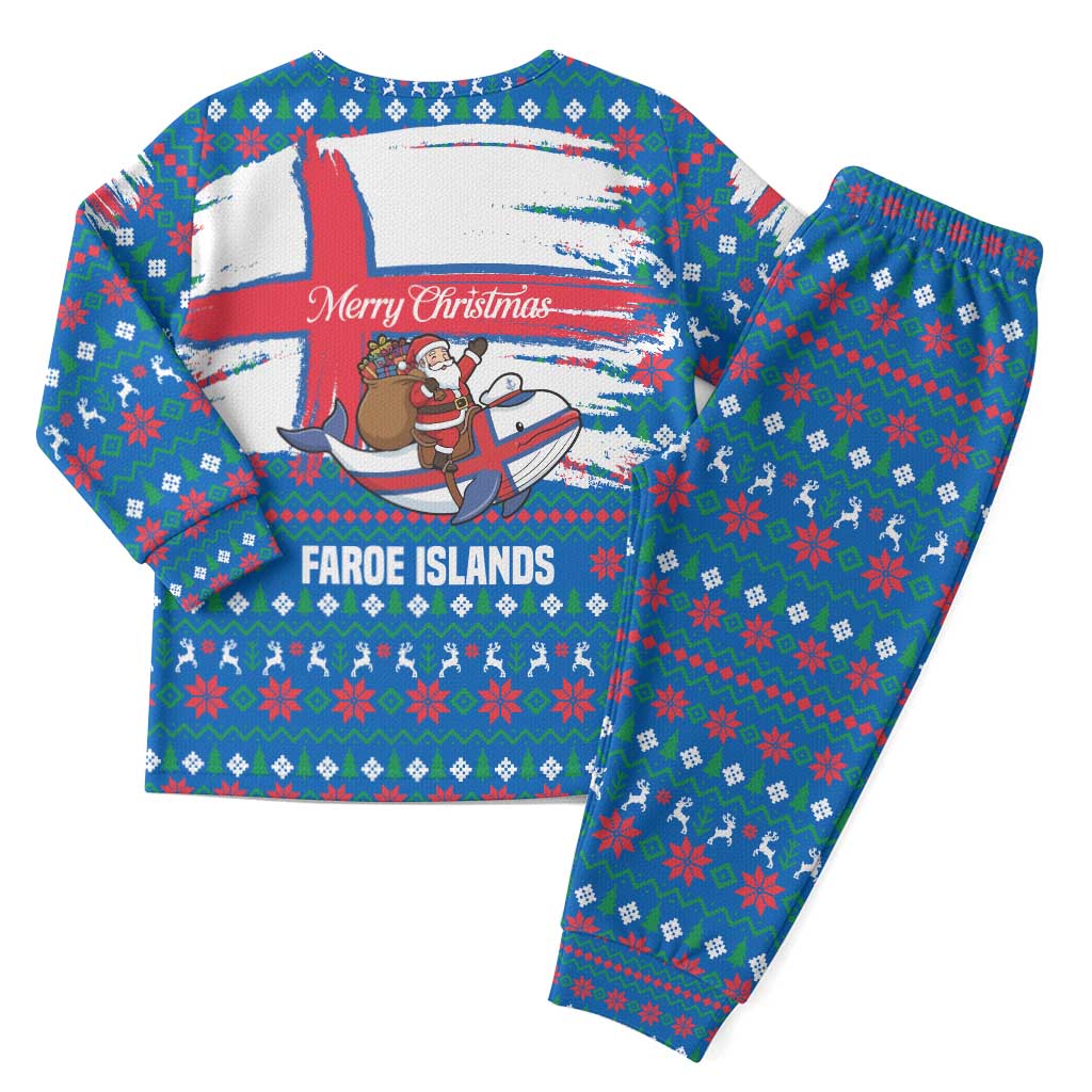 Faroe Islands Christmas Pajama Set with Santa Riding Whale Faroe Flag and Blue Nordic Winter Pattern Design - Wonder Print Shop