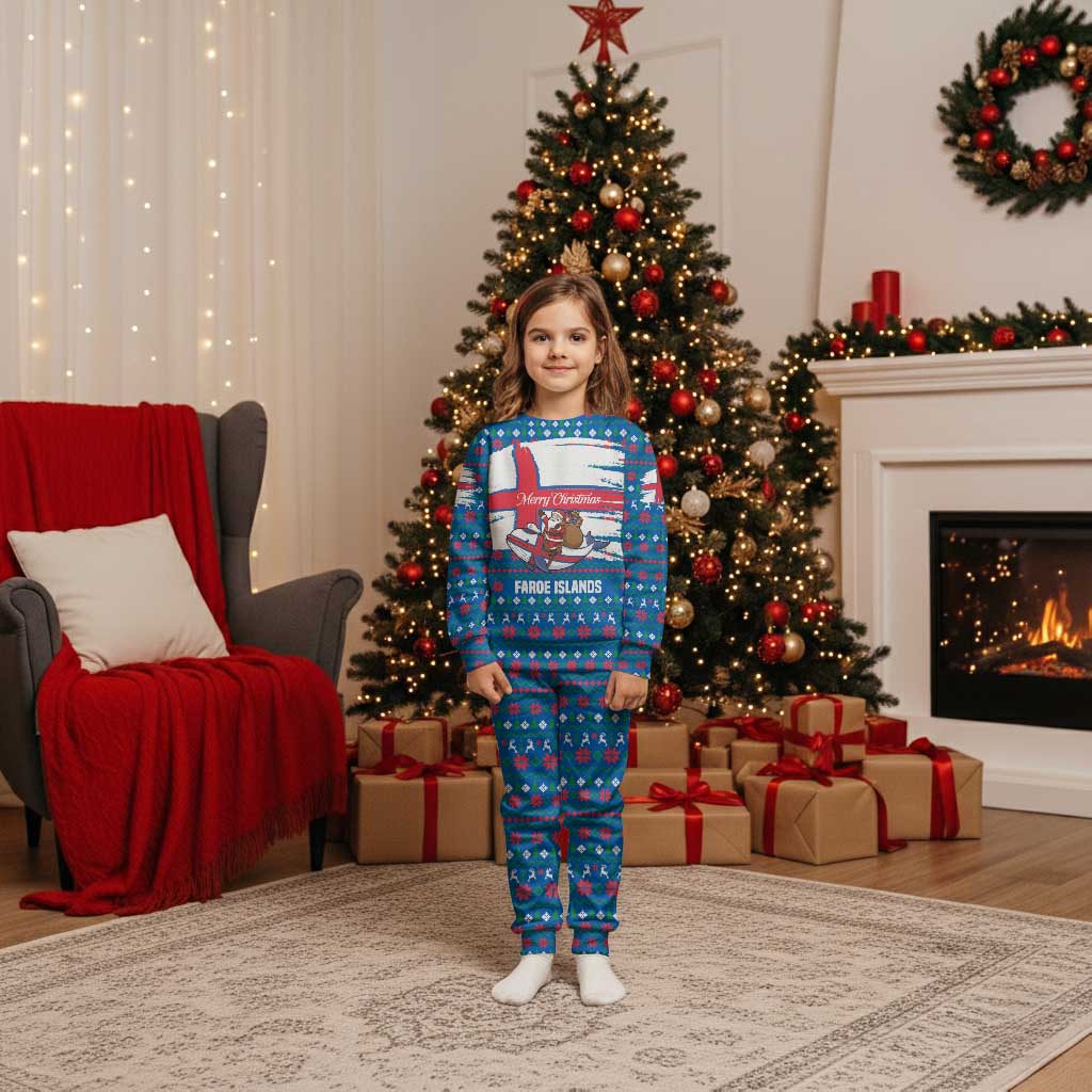 Faroe Islands Christmas Pajama Set with Santa Riding Whale Faroe Flag and Blue Nordic Winter Pattern Design - Wonder Print Shop