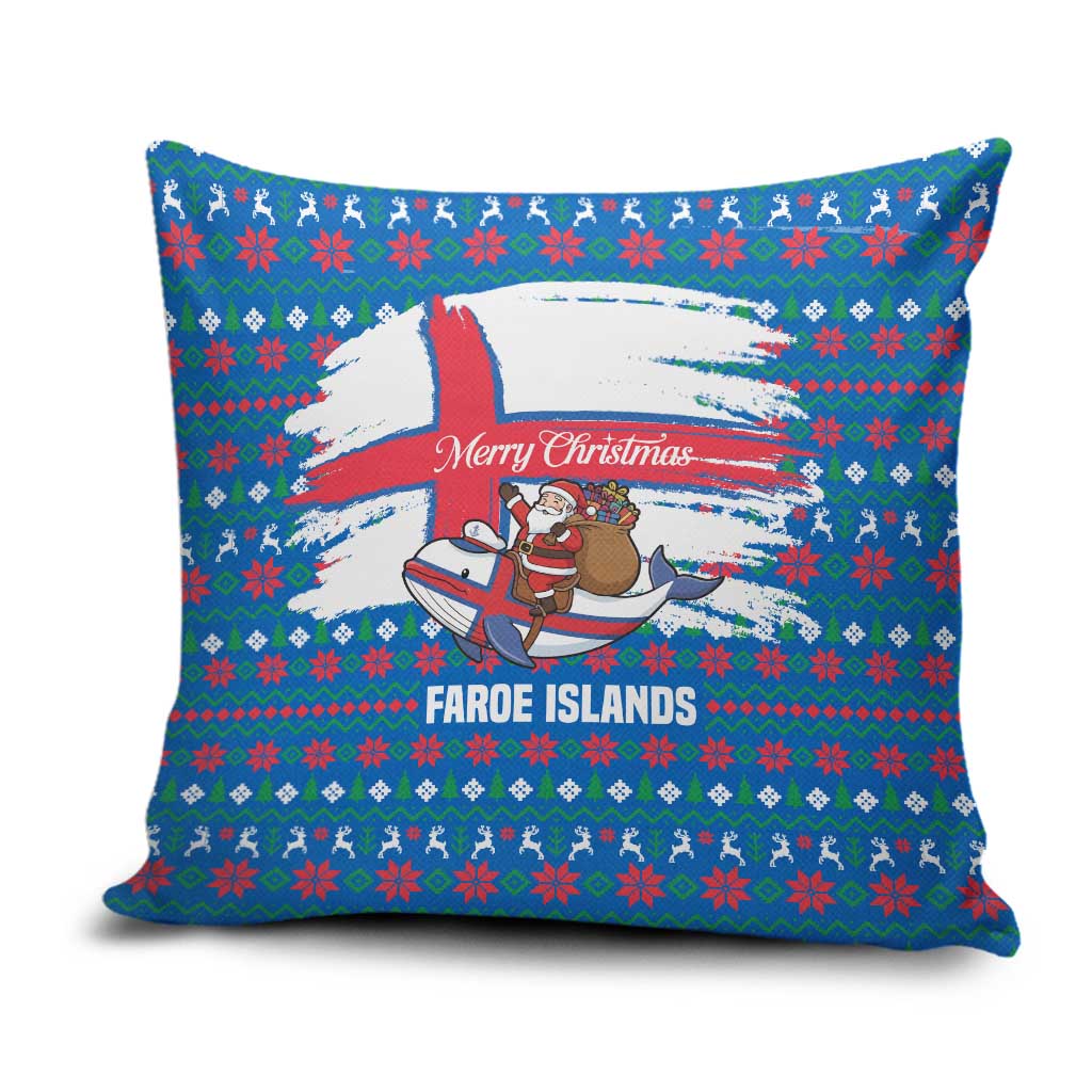 Faroe Islands Christmas Pillow Cover with Santa Riding Whale Faroe Flag and Blue Nordic Winter Pattern Design - Wonder Print Shop