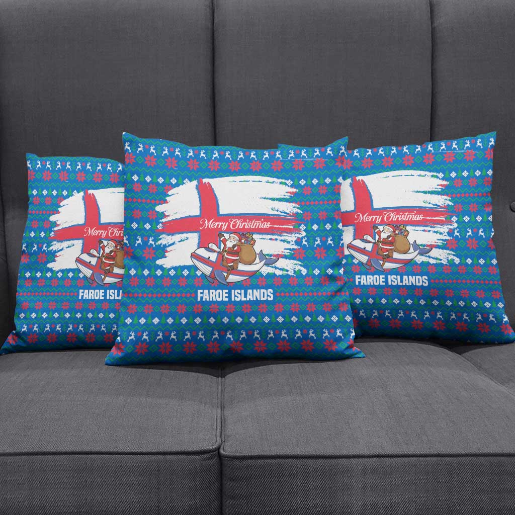 Faroe Islands Christmas Pillow Cover with Santa Riding Whale Faroe Flag and Blue Nordic Winter Pattern Design - Wonder Print Shop
