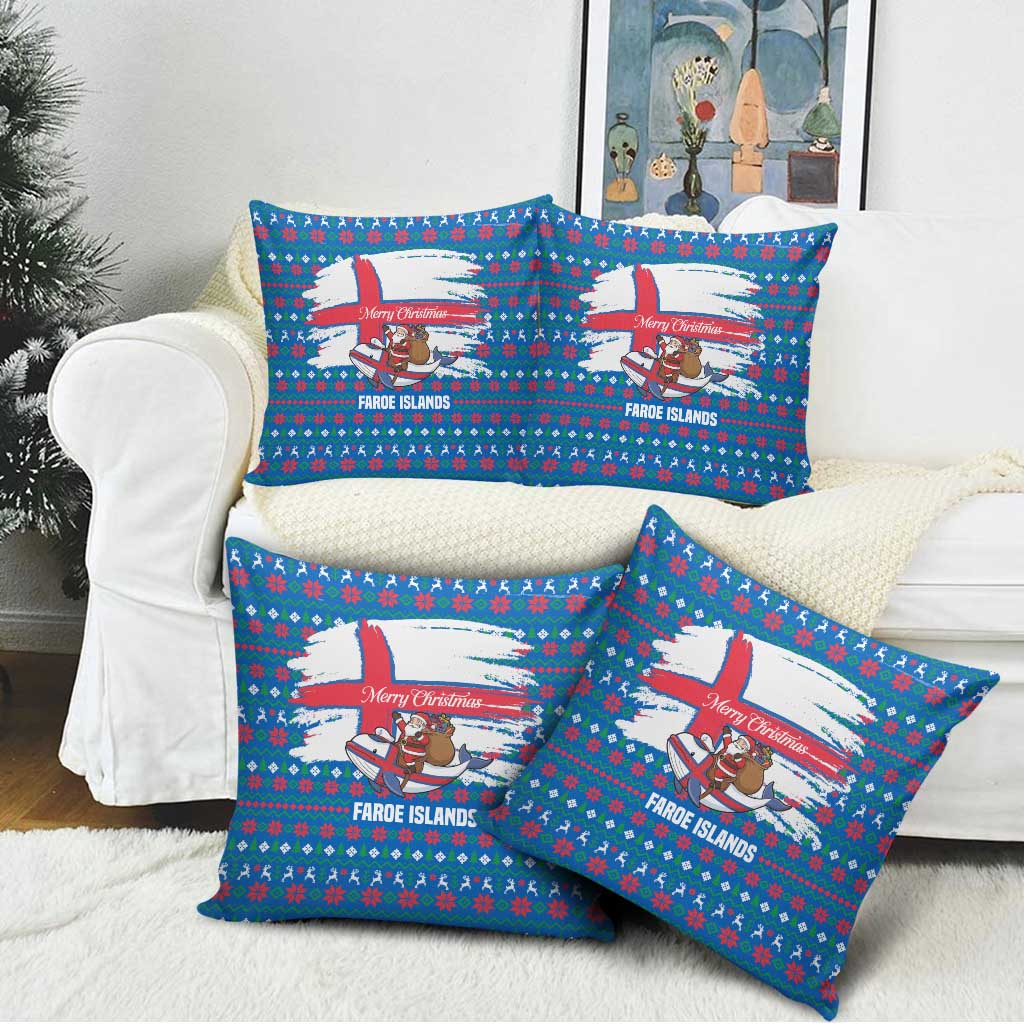 Faroe Islands Christmas Pillow Cover with Santa Riding Whale Faroe Flag and Blue Nordic Winter Pattern Design - Wonder Print Shop