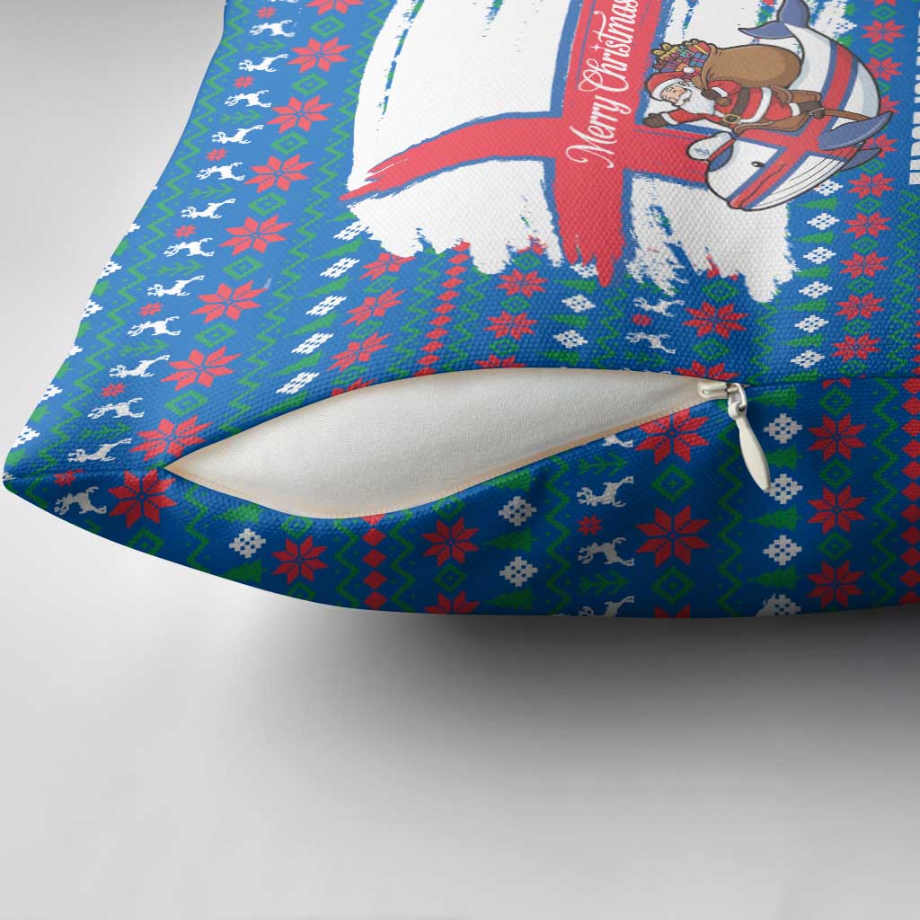 Faroe Islands Christmas Pillow Cover with Santa Riding Whale Faroe Flag and Blue Nordic Winter Pattern Design - Wonder Print Shop