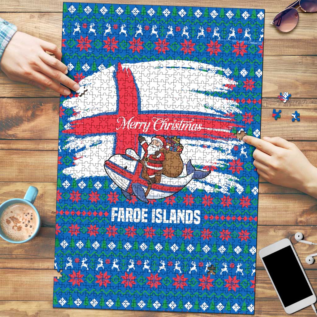 Faroe Islands Christmas Puzzle with Santa Riding Whale Faroe Flag and Blue Nordic Winter Pattern Design - Wonder Print Shop
