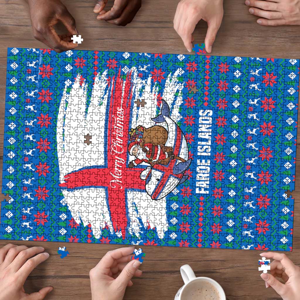 Faroe Islands Christmas Puzzle with Santa Riding Whale Faroe Flag and Blue Nordic Winter Pattern Design - Wonder Print Shop