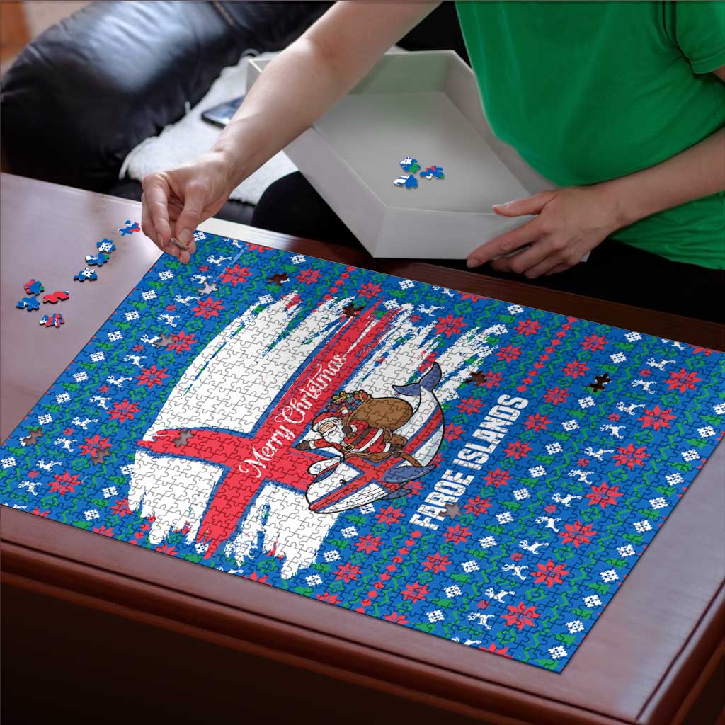 Faroe Islands Christmas Puzzle with Santa Riding Whale Faroe Flag and Blue Nordic Winter Pattern Design - Wonder Print Shop