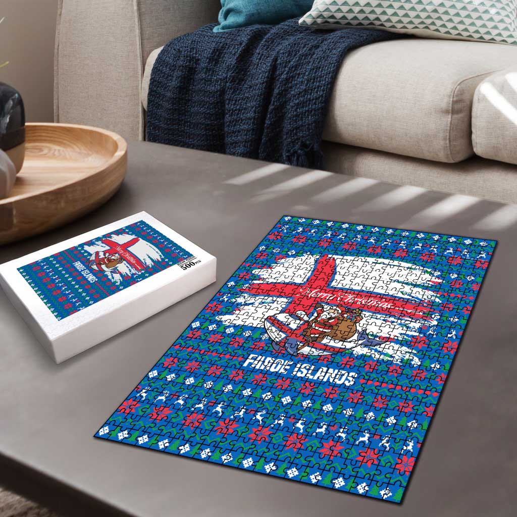 Faroe Islands Christmas Puzzle with Santa Riding Whale Faroe Flag and Blue Nordic Winter Pattern Design - Wonder Print Shop