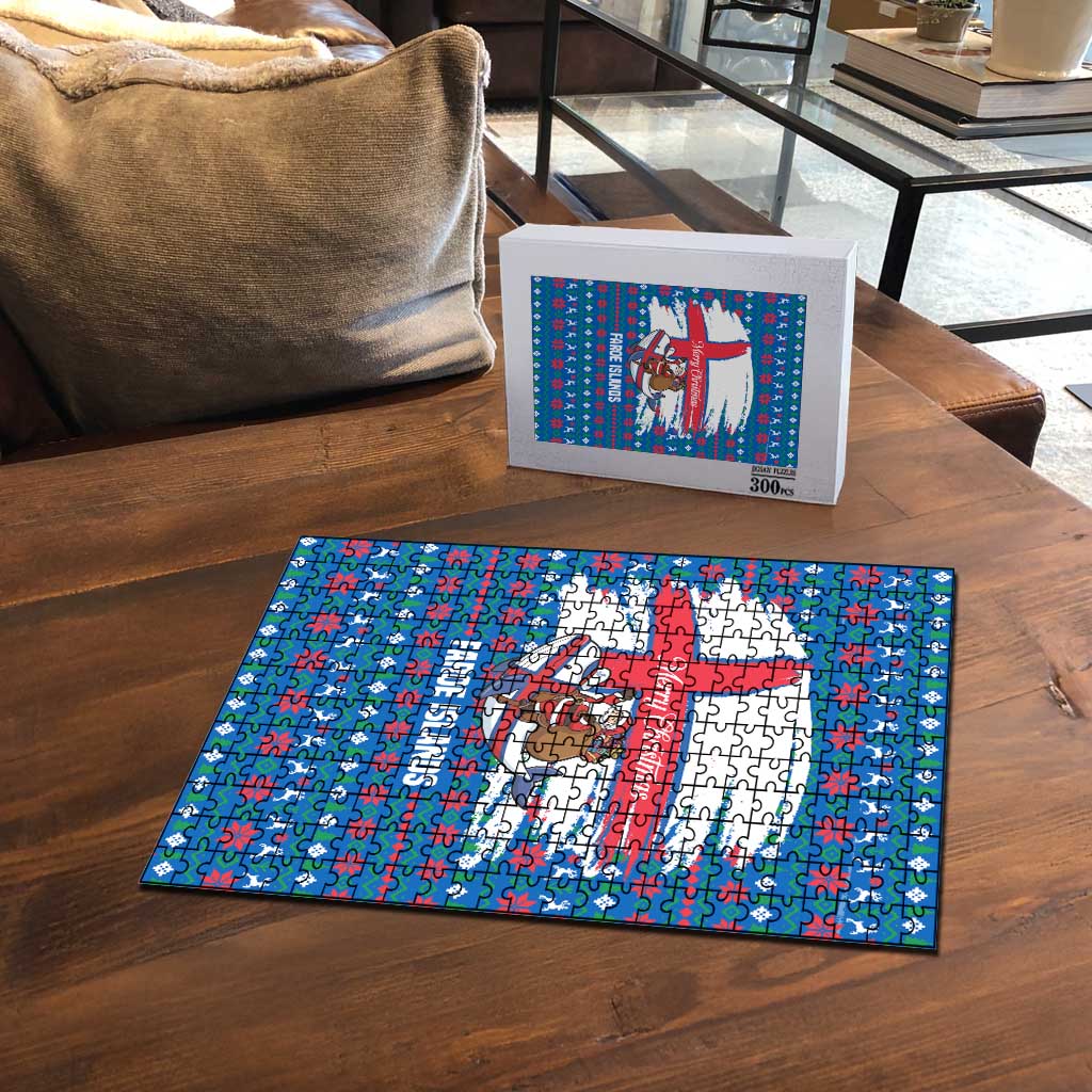 Faroe Islands Christmas Puzzle with Santa Riding Whale Faroe Flag and Blue Nordic Winter Pattern Design - Wonder Print Shop