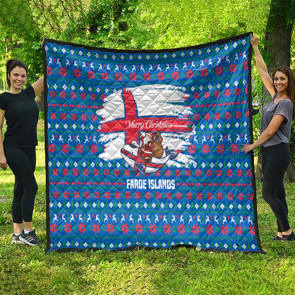 Faroe Islands Christmas Quilt with Santa Riding Whale Faroe Flag and Blue Nordic Winter Pattern Design - Wonder Print Shop