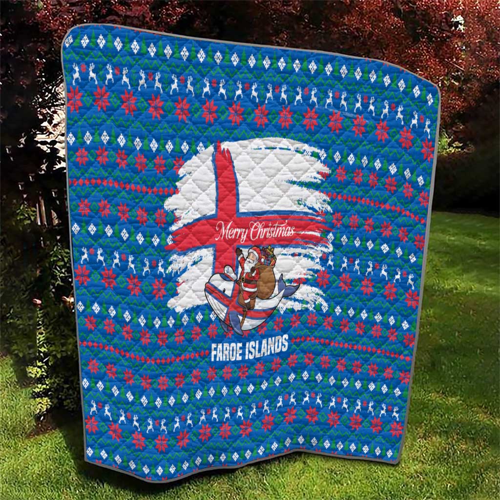 Faroe Islands Christmas Quilt with Santa Riding Whale Faroe Flag and Blue Nordic Winter Pattern Design - Wonder Print Shop
