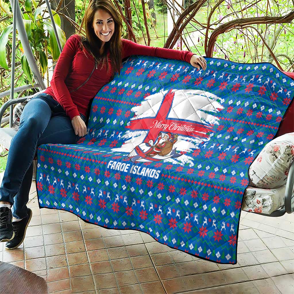 Faroe Islands Christmas Quilt with Santa Riding Whale Faroe Flag and Blue Nordic Winter Pattern Design - Wonder Print Shop