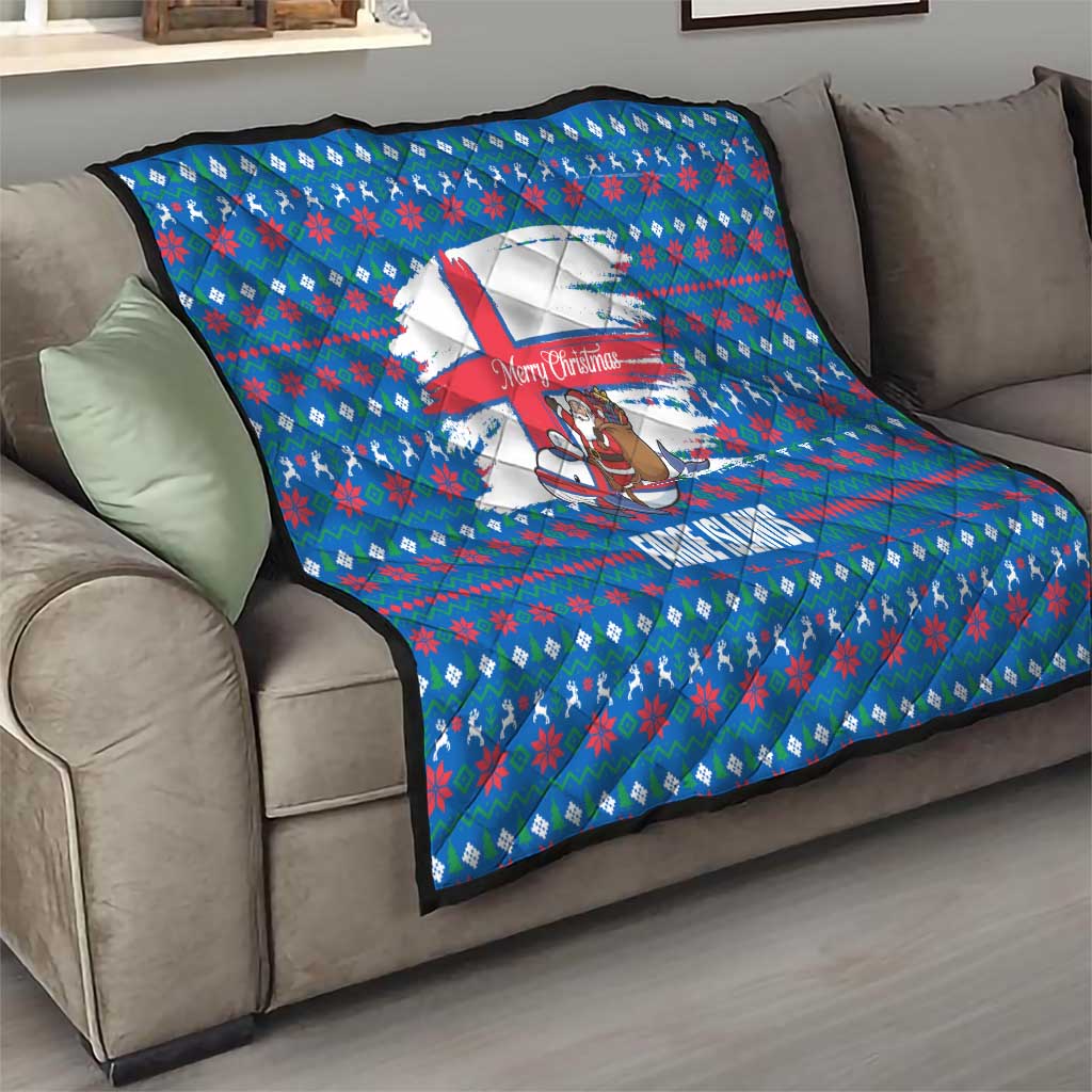 Faroe Islands Christmas Quilt with Santa Riding Whale Faroe Flag and Blue Nordic Winter Pattern Design - Wonder Print Shop