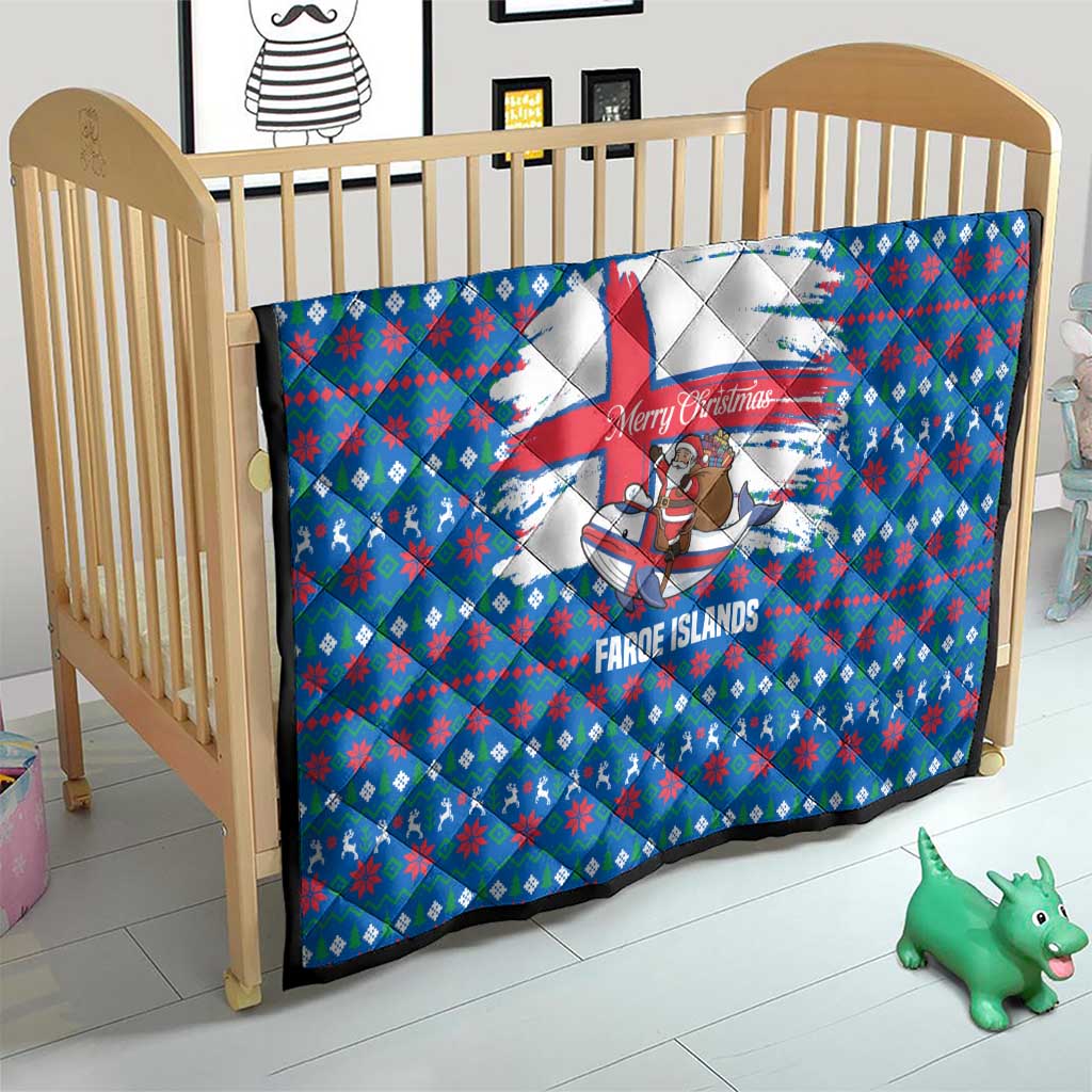Faroe Islands Christmas Quilt with Santa Riding Whale Faroe Flag and Blue Nordic Winter Pattern Design - Wonder Print Shop