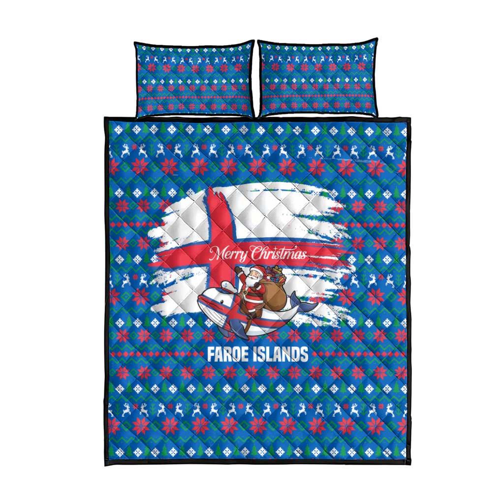 Faroe Islands Christmas Quilt Bed Set with Santa Riding Whale Faroe Flag and Blue Nordic Winter Pattern Design - Wonder Print Shop