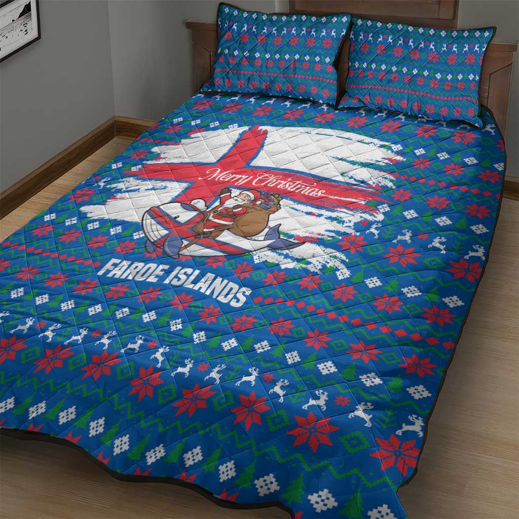 Faroe Islands Christmas Quilt Bed Set with Santa Riding Whale Faroe Flag and Blue Nordic Winter Pattern Design - Wonder Print Shop