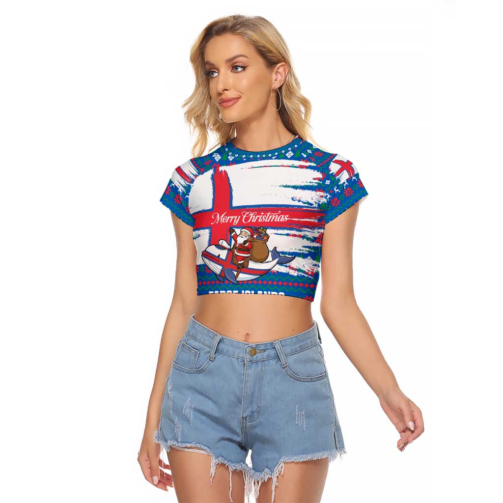 Faroe Islands Christmas Raglan Cropped T Shirt with Santa Riding Whale Faroe Flag and Blue Nordic Winter Pattern Design - Wonder Print Shop