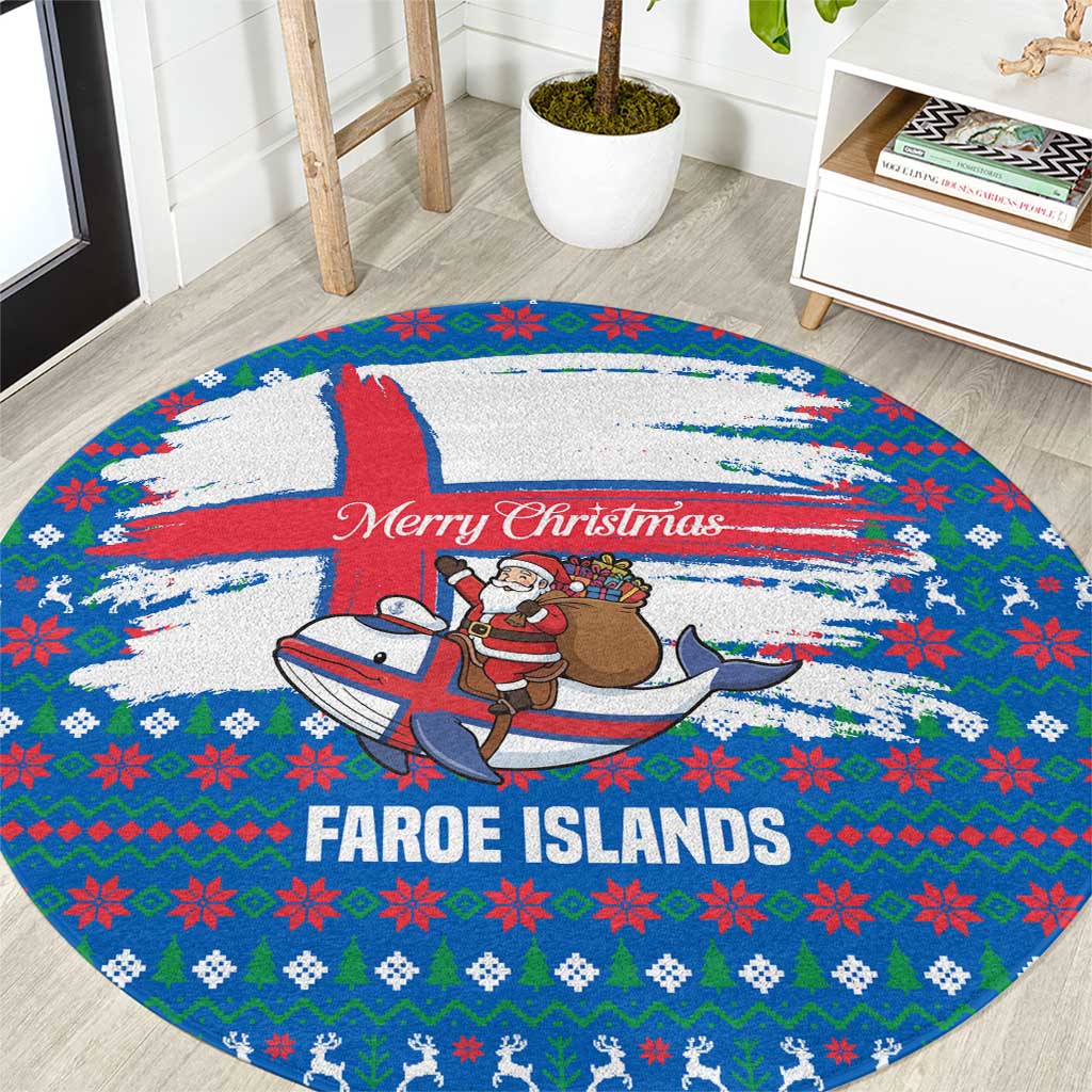 Faroe Islands Christmas Round Carpet with Santa Riding Whale Faroe Flag and Blue Nordic Winter Pattern Design - Wonder Print Shop