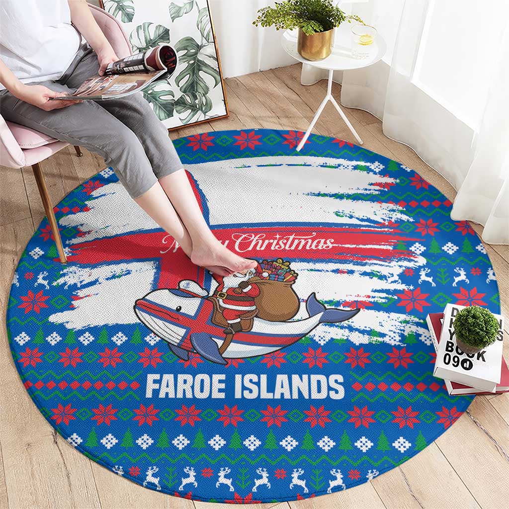 Faroe Islands Christmas Round Carpet with Santa Riding Whale Faroe Flag and Blue Nordic Winter Pattern Design - Wonder Print Shop
