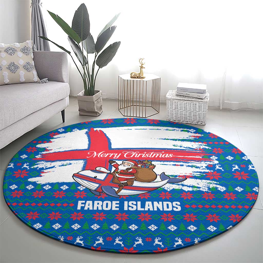 Faroe Islands Christmas Round Carpet with Santa Riding Whale Faroe Flag and Blue Nordic Winter Pattern Design - Wonder Print Shop