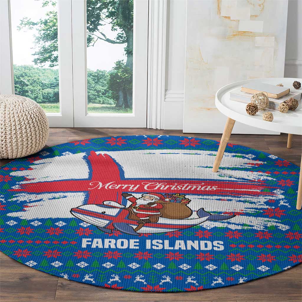Faroe Islands Christmas Round Carpet with Santa Riding Whale Faroe Flag and Blue Nordic Winter Pattern Design - Wonder Print Shop