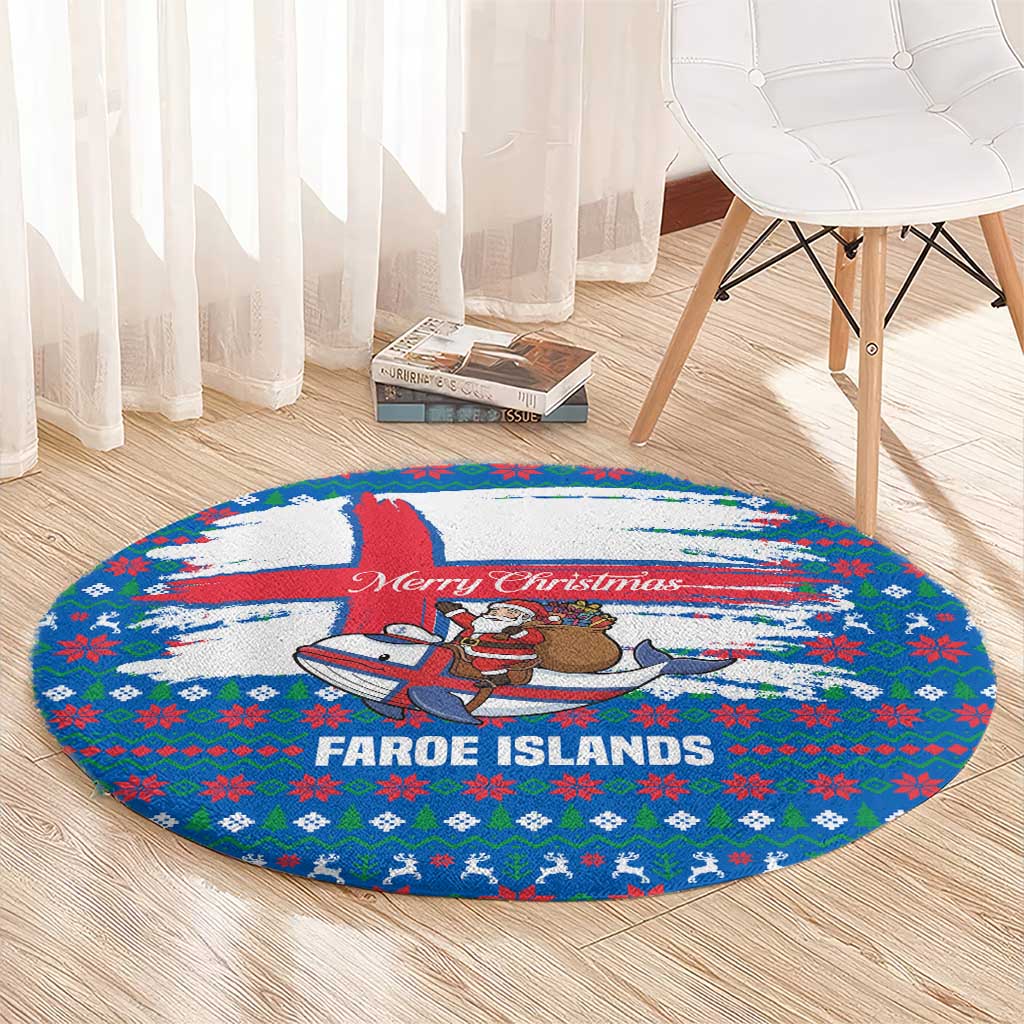 Faroe Islands Christmas Round Carpet with Santa Riding Whale Faroe Flag and Blue Nordic Winter Pattern Design - Wonder Print Shop