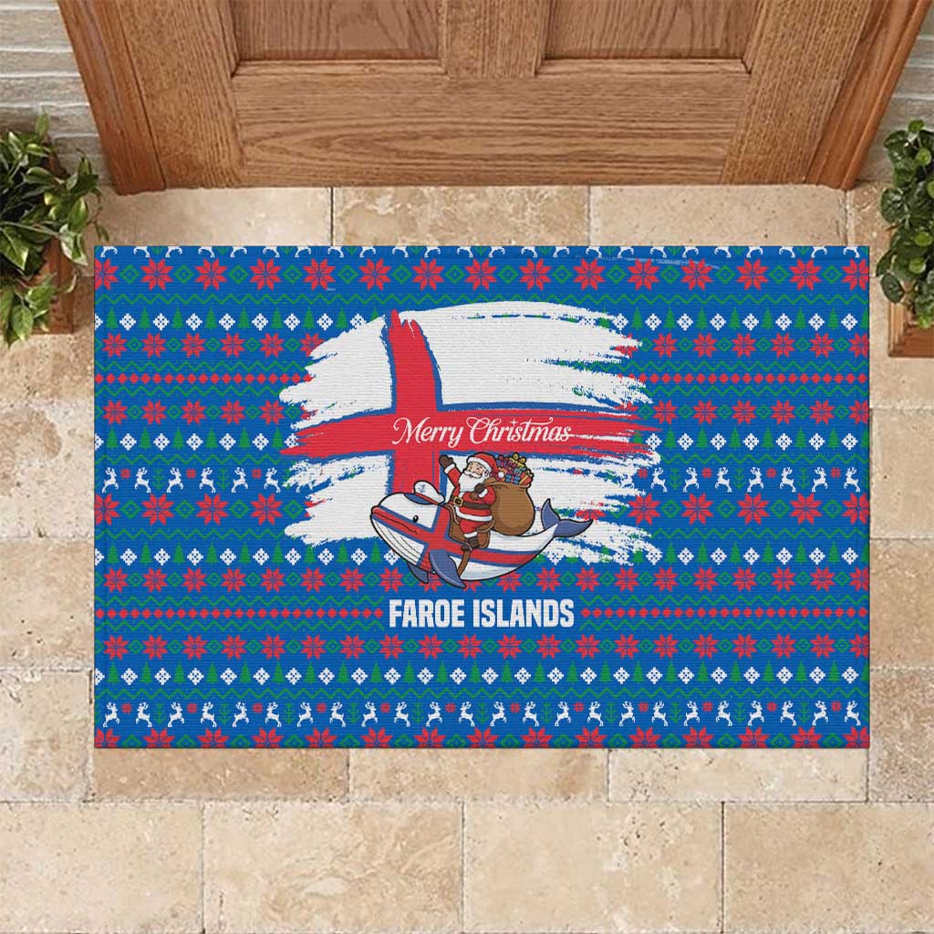 Faroe Islands Christmas Rubber Doormat with Santa Riding Whale Faroe Flag and Blue Nordic Winter Pattern Design - Wonder Print Shop