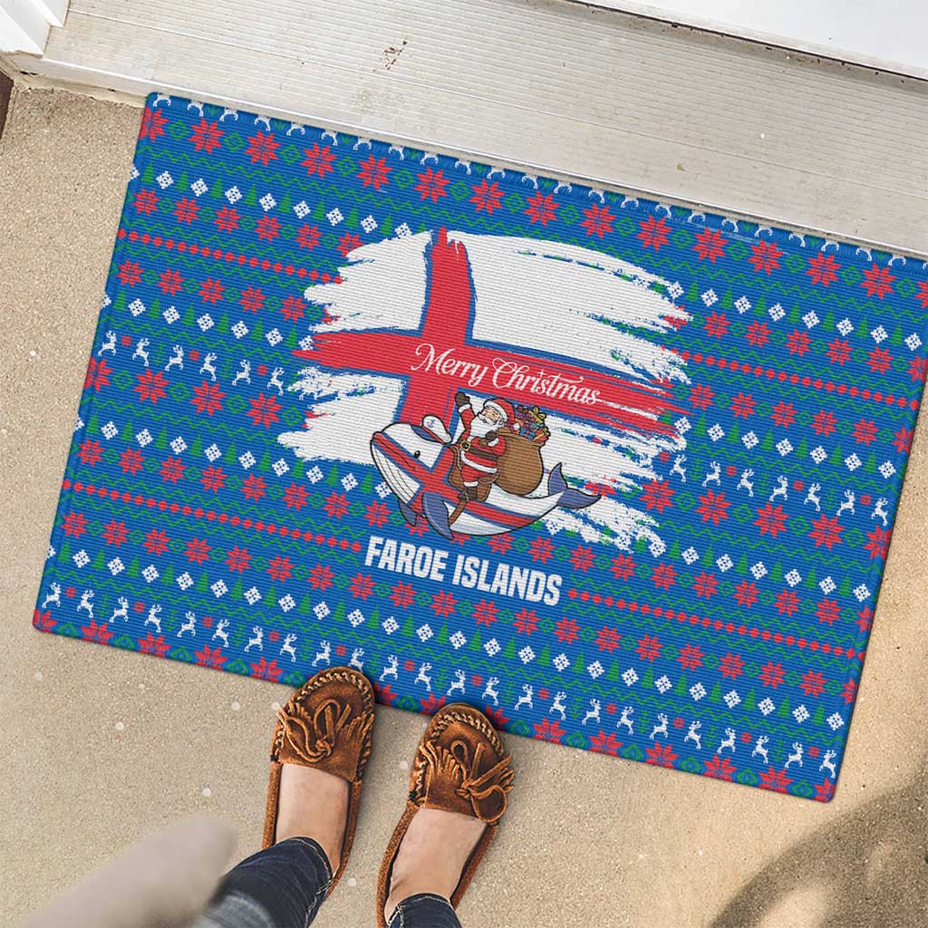 Faroe Islands Christmas Rubber Doormat with Santa Riding Whale Faroe Flag and Blue Nordic Winter Pattern Design - Wonder Print Shop
