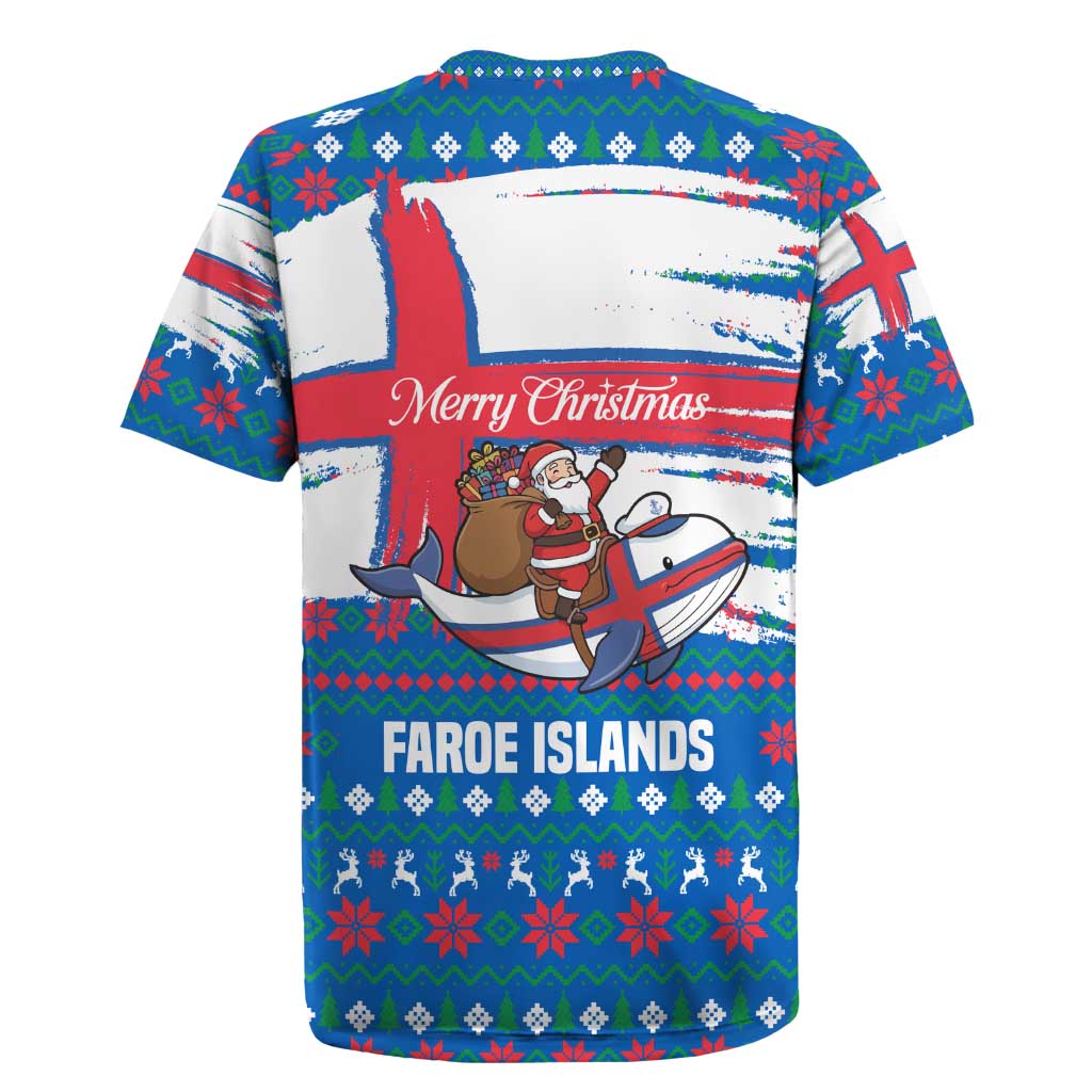 Faroe Islands Christmas Rugby Jersey with Santa Riding Whale Faroe Flag and Blue Nordic Winter Pattern Design - Wonder Print Shop