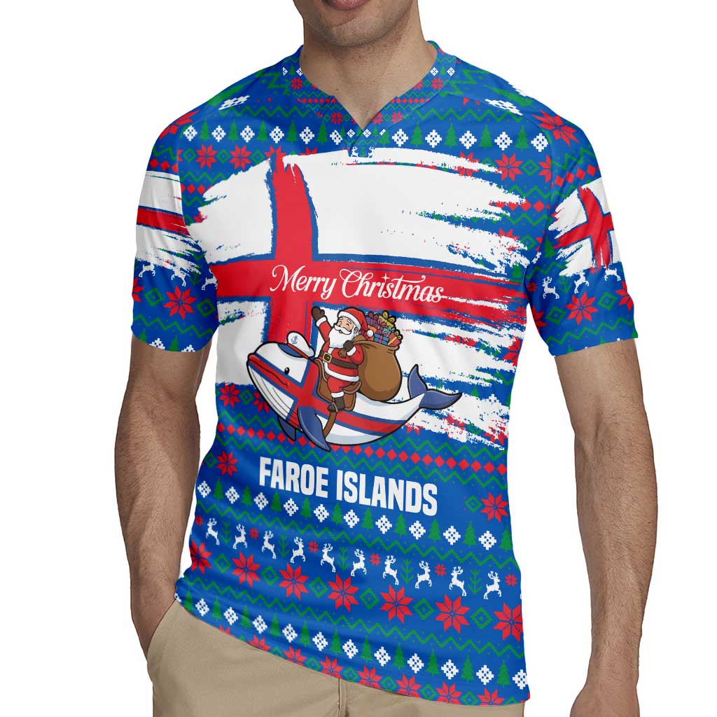 Faroe Islands Christmas Rugby Jersey with Santa Riding Whale Faroe Flag and Blue Nordic Winter Pattern Design - Wonder Print Shop