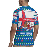 Faroe Islands Christmas Rugby Jersey with Santa Riding Whale Faroe Flag and Blue Nordic Winter Pattern Design - Wonder Print Shop