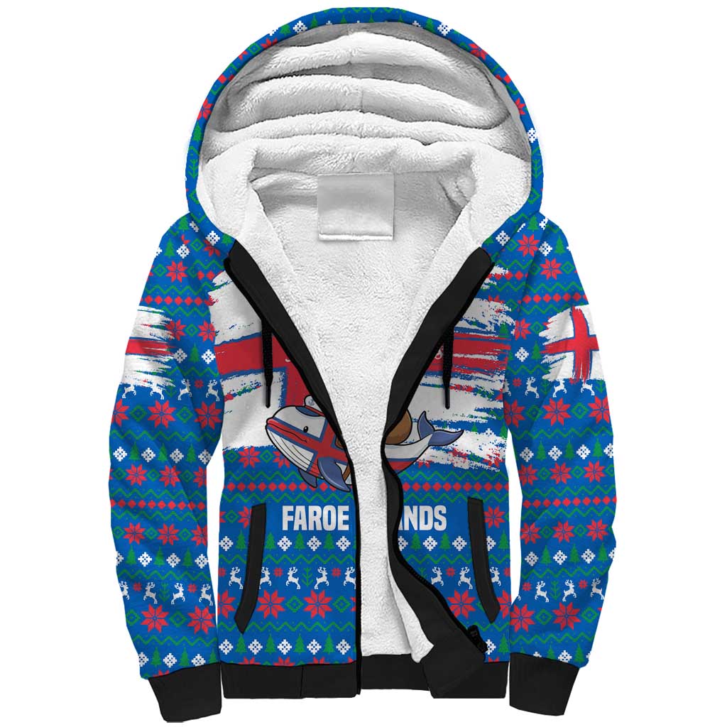 Faroe Islands Christmas Sherpa Hoodie with Santa Riding Whale Faroe Flag and Blue Nordic Winter Pattern Design - Wonder Print Shop