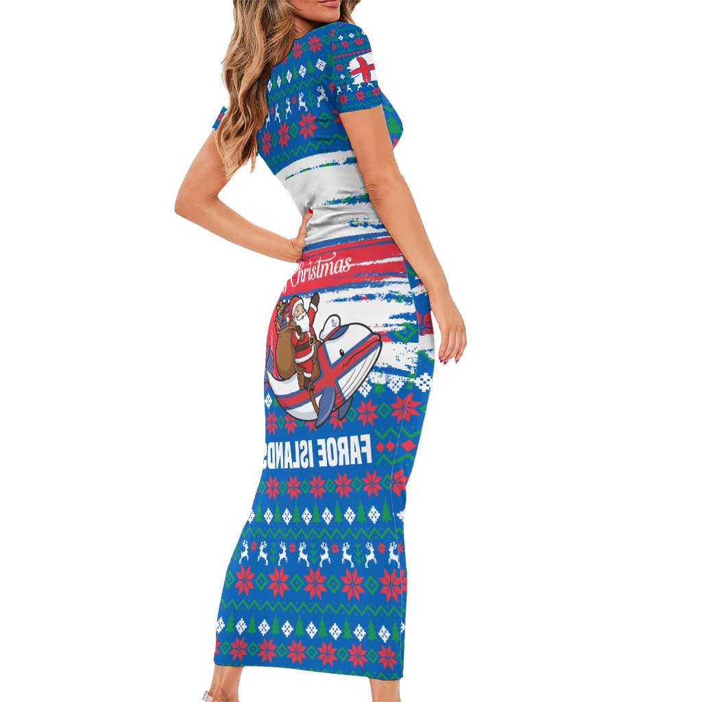 Faroe Islands Christmas Short Sleeve Bodycon Dress with Santa Riding Whale Faroe Flag and Blue Nordic Winter Pattern Design - Wonder Print Shop