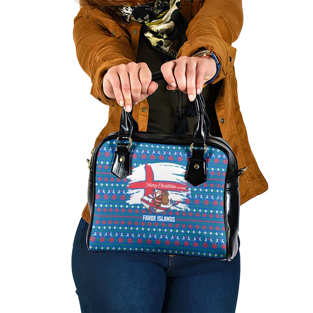 Faroe Islands Christmas Shoulder Handbag with Santa Riding Whale Faroe Flag and Blue Nordic Winter Pattern Design - Wonder Print Shop