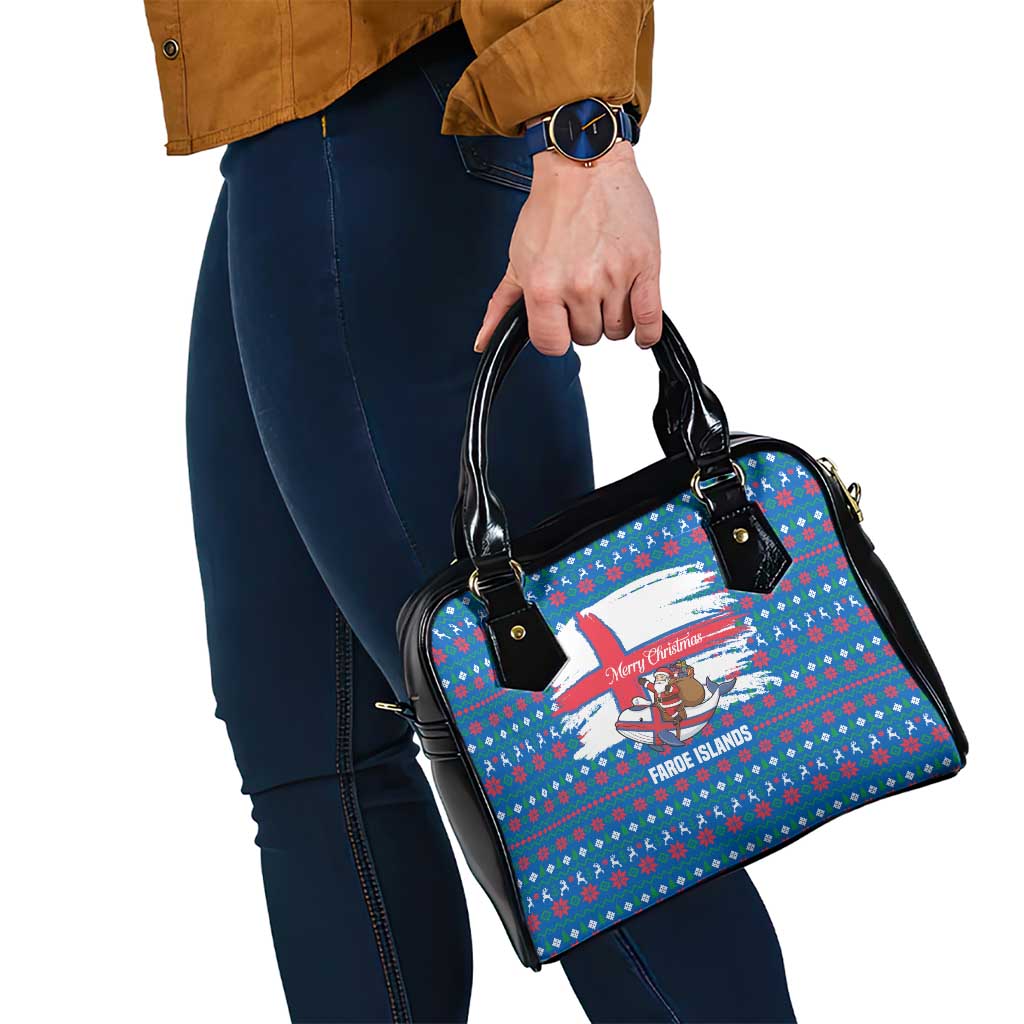 Faroe Islands Christmas Shoulder Handbag with Santa Riding Whale Faroe Flag and Blue Nordic Winter Pattern Design - Wonder Print Shop