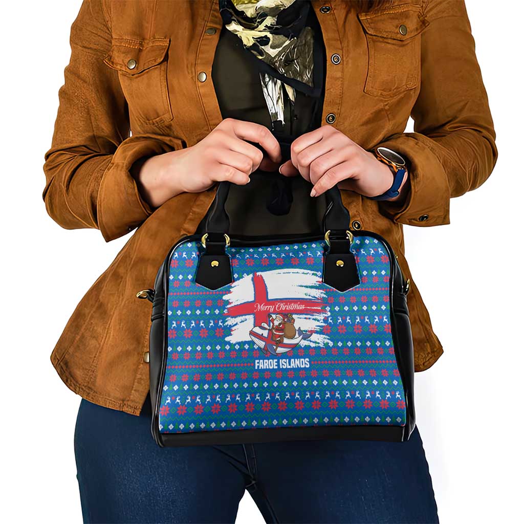 Faroe Islands Christmas Shoulder Handbag with Santa Riding Whale Faroe Flag and Blue Nordic Winter Pattern Design - Wonder Print Shop