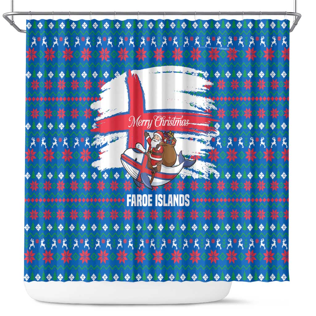 Faroe Islands Christmas Shower Curtain with Santa Riding Whale Faroe Flag and Blue Nordic Winter Pattern Design - Wonder Print Shop