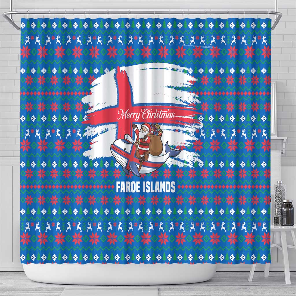 Faroe Islands Christmas Shower Curtain with Santa Riding Whale Faroe Flag and Blue Nordic Winter Pattern Design - Wonder Print Shop