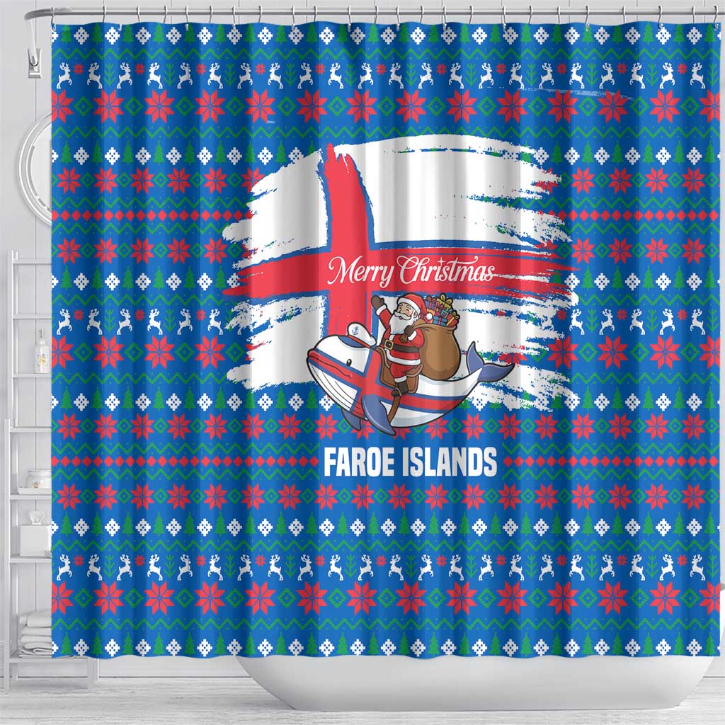 Faroe Islands Christmas Shower Curtain with Santa Riding Whale Faroe Flag and Blue Nordic Winter Pattern Design - Wonder Print Shop