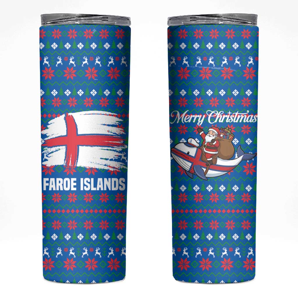 Faroe Islands Christmas Skinny Tumbler with Santa Riding Whale Faroe Flag and Blue Nordic Winter Pattern Design - Wonder Print Shop