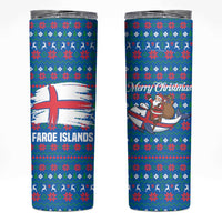 Faroe Islands Christmas Skinny Tumbler with Santa Riding Whale Faroe Flag and Blue Nordic Winter Pattern Design - Wonder Print Shop