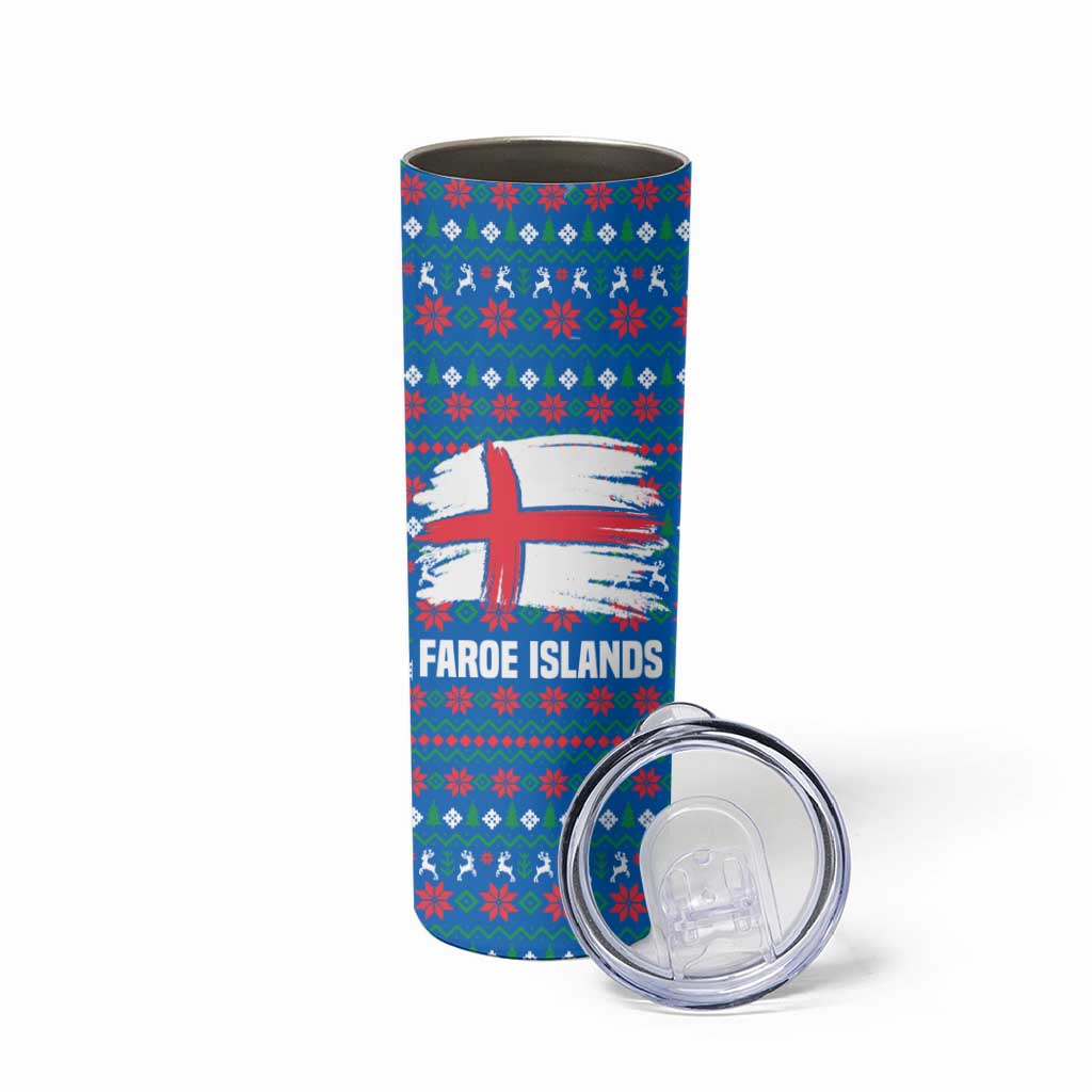 Faroe Islands Christmas Skinny Tumbler with Santa Riding Whale Faroe Flag and Blue Nordic Winter Pattern Design - Wonder Print Shop