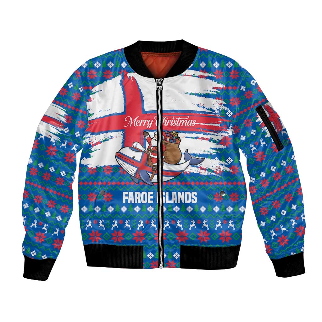 Faroe Islands Christmas Sleeve Zip Bomber Jacket with Santa Riding Whale Faroe Flag and Blue Nordic Winter Pattern Design - Wonder Print Shop