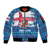 Faroe Islands Christmas Sleeve Zip Bomber Jacket with Santa Riding Whale Faroe Flag and Blue Nordic Winter Pattern Design - Wonder Print Shop