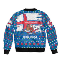 Faroe Islands Christmas Sleeve Zip Bomber Jacket with Santa Riding Whale Faroe Flag and Blue Nordic Winter Pattern Design - Wonder Print Shop