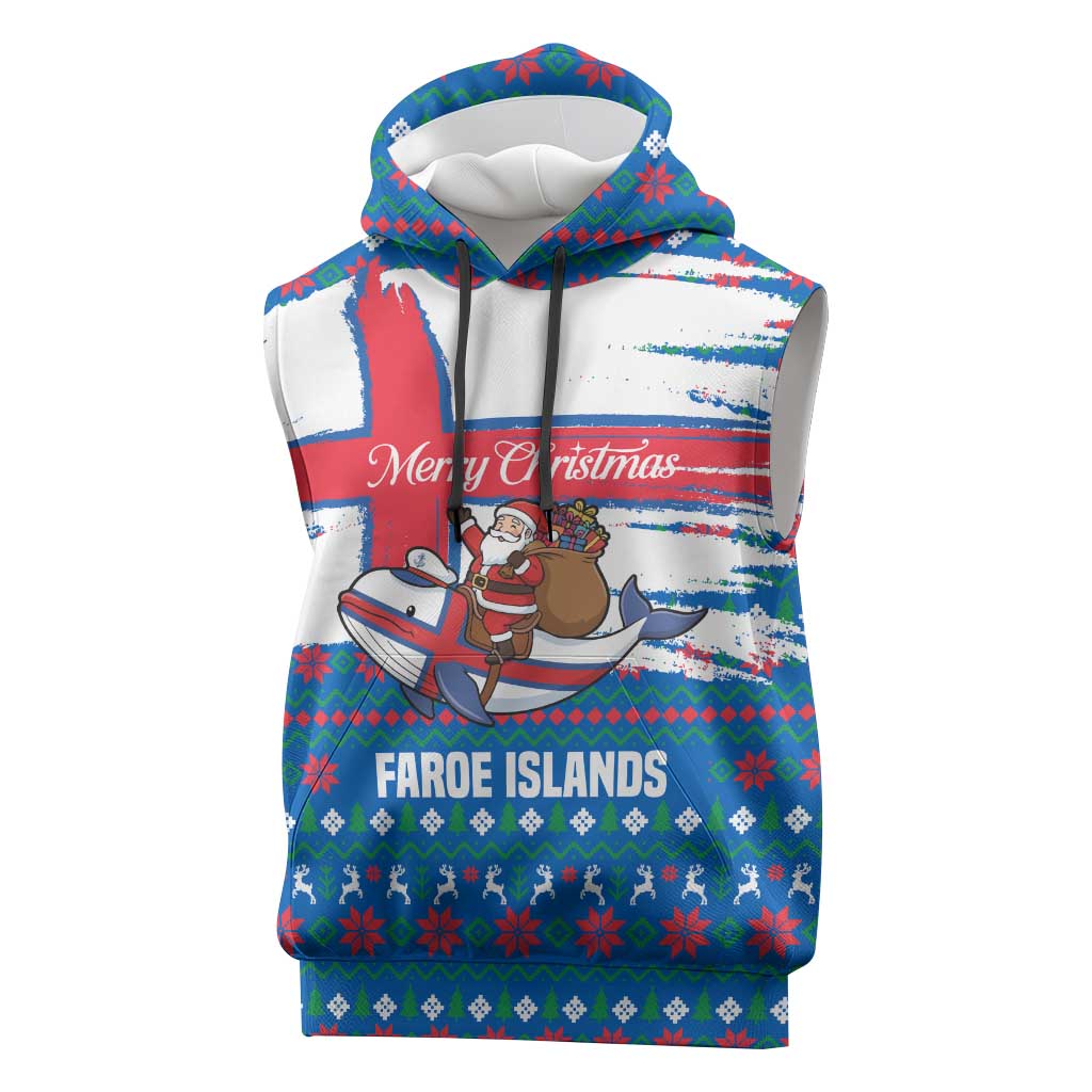 Faroe Islands Christmas Sleeveless Hoodie with Santa Riding Whale Faroe Flag and Blue Nordic Winter Pattern Design - Wonder Print Shop