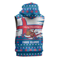Faroe Islands Christmas Sleeveless Hoodie with Santa Riding Whale Faroe Flag and Blue Nordic Winter Pattern Design - Wonder Print Shop