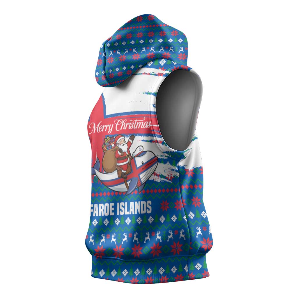 Faroe Islands Christmas Sleeveless Hoodie with Santa Riding Whale Faroe Flag and Blue Nordic Winter Pattern Design - Wonder Print Shop