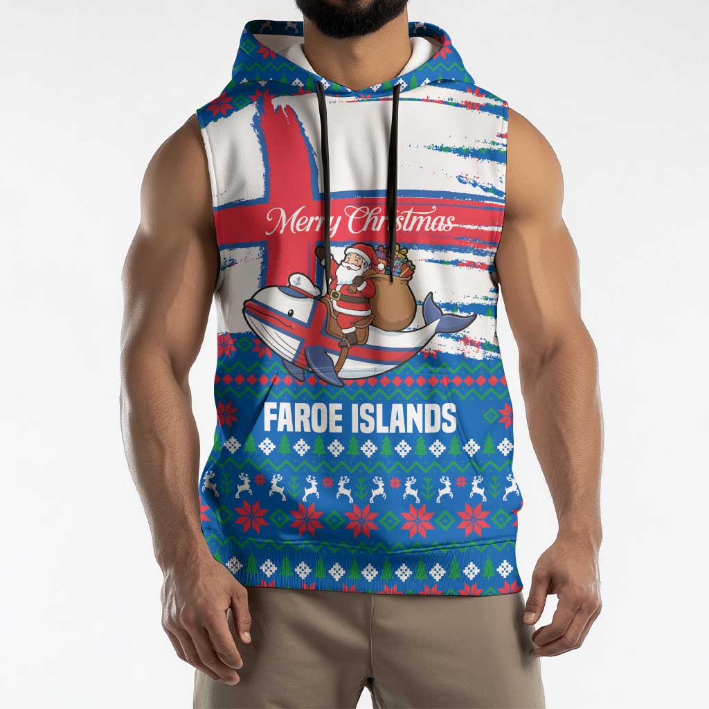 Faroe Islands Christmas Sleeveless Hoodie with Santa Riding Whale Faroe Flag and Blue Nordic Winter Pattern Design - Wonder Print Shop