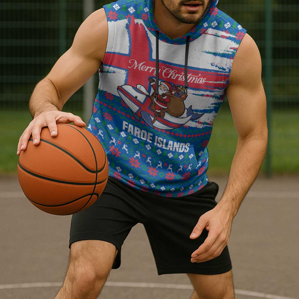 Faroe Islands Christmas Sleeveless Hoodie with Santa Riding Whale Faroe Flag and Blue Nordic Winter Pattern Design - Wonder Print Shop