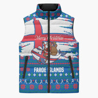 Faroe Islands Christmas Sleeveless Puffer Jacket with Santa Riding Whale Faroe Flag and Blue Nordic Winter Pattern Design - Wonder Print Shop