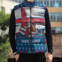Faroe Islands Christmas Sleeveless Puffer Jacket with Santa Riding Whale Faroe Flag and Blue Nordic Winter Pattern Design - Wonder Print Shop